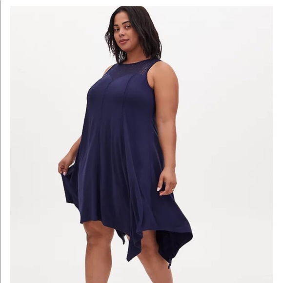 torrid Dresses & Skirts - TORRID NAVY JERSEY LACE YOKE HANDKERCHIEF FLUTED DRESS